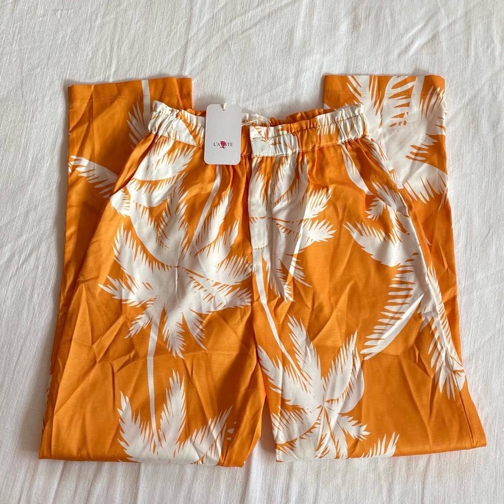 L’Atiste Orange and White Palm Tree Print Pants, High Waist, NWT, size M